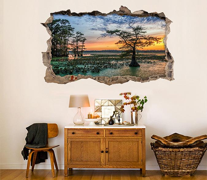 3D Lake Sunset Scenery 016 Broken Wall Murals Wallpaper AJ Wallpaper 