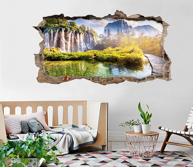 3D Lake Waterfalls 369 Broken Wall Murals Wallpaper AJ Wallpaper 