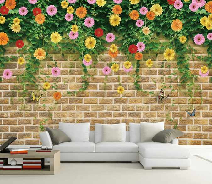 Brick Wall Flowers Vines Wallpaper AJ Wallpaper 