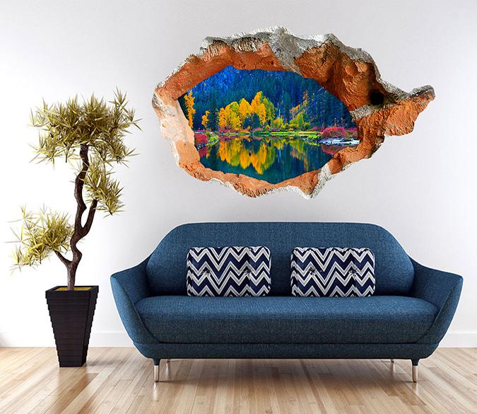 3D Lakeside Colored Trees 094 Broken Wall Murals Wallpaper AJ Wallpaper 