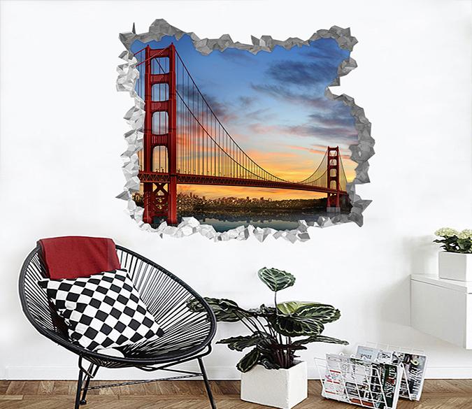 3D City Bridge Sunset 231 Broken Wall Murals Wallpaper AJ Wallpaper 