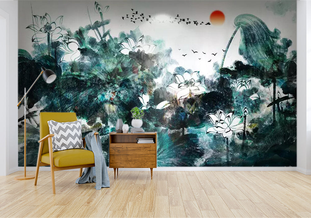 3D Green Ink Lotus WC408 Wall Murals