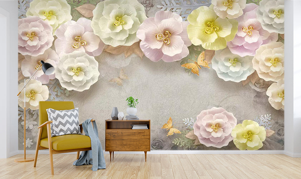 3D Golden Butterfly Flower WC478 Wall Murals