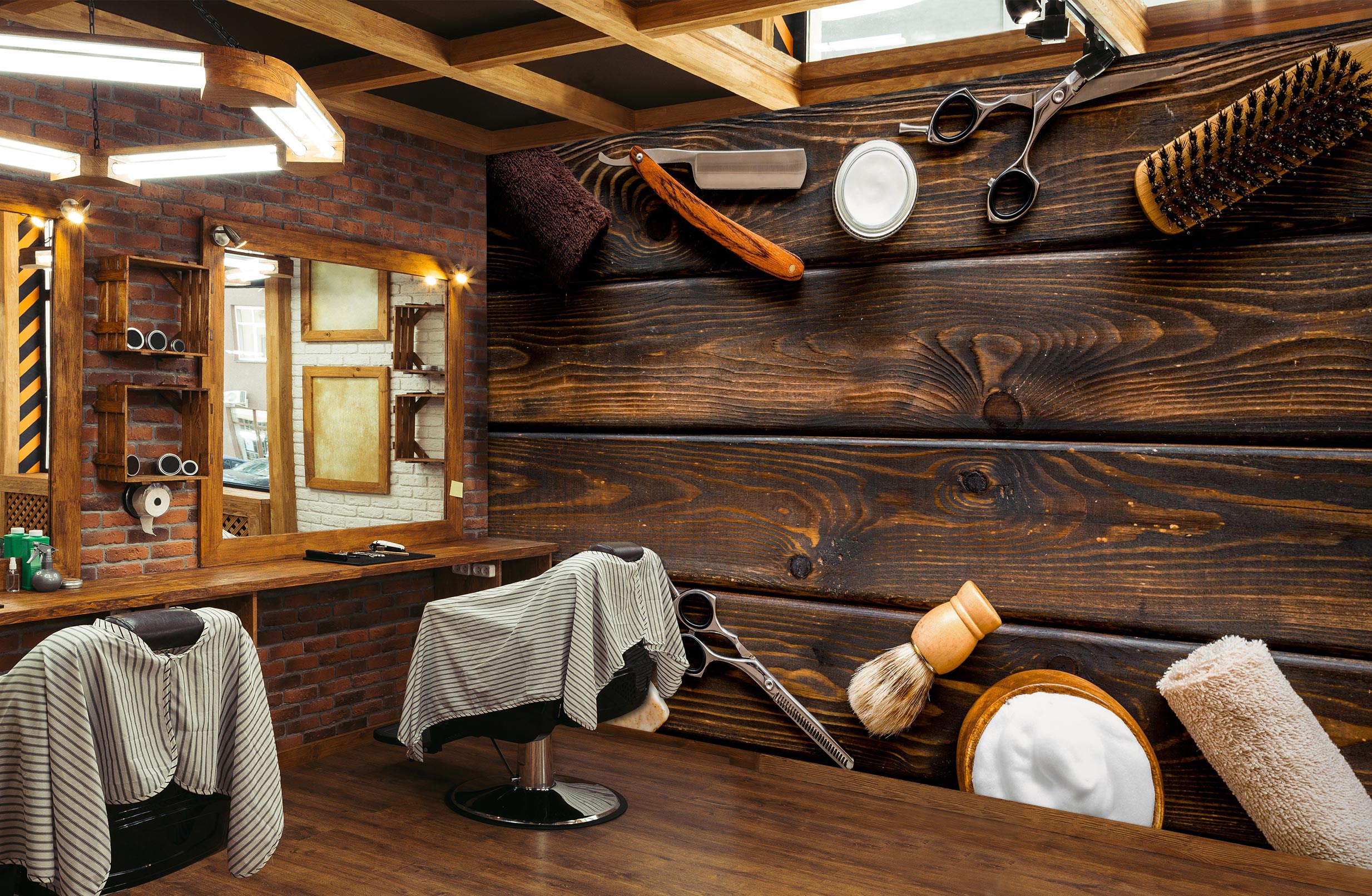 3D Wooden Table Barber Equipment 115177 Barber Shop Wall Murals