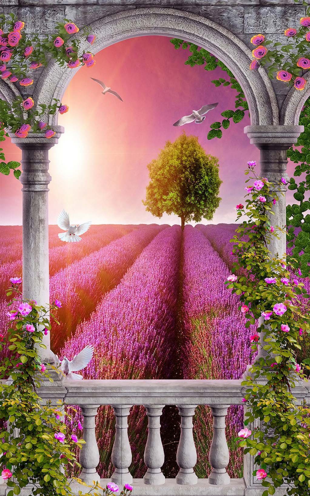 3D dove of peace lavender door mural Wallpaper AJ Wallpaper 