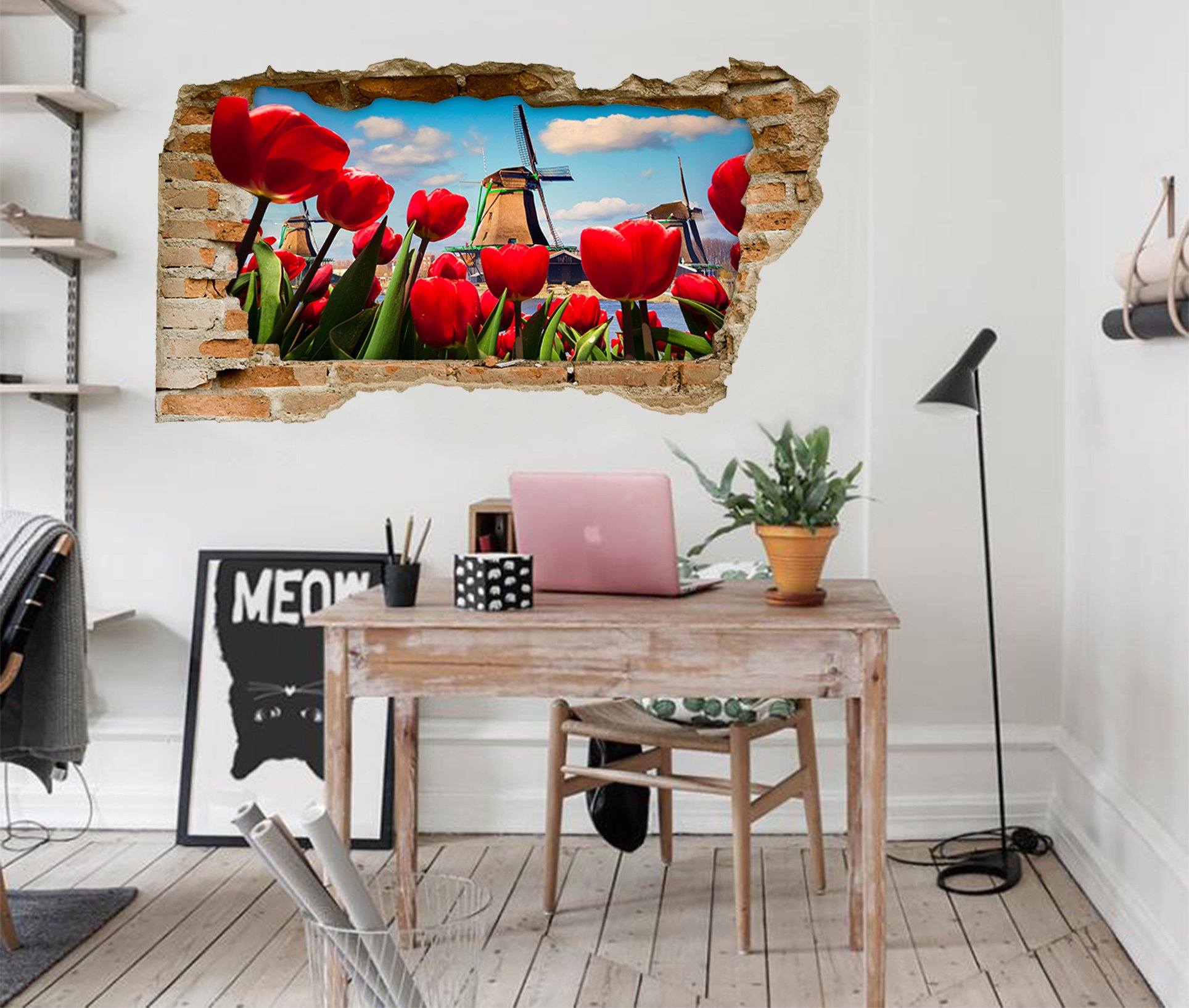 3D Lakeside Flowers Windmill 371 Broken Wall Murals Wallpaper AJ Wallpaper 