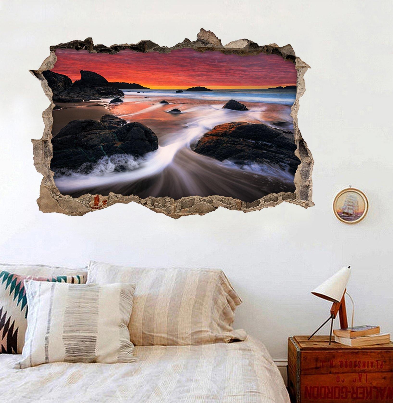 3D Sea Sunset Rosy Sky 317 Broken Wall Murals Wallpaper AJ Wallpaper 