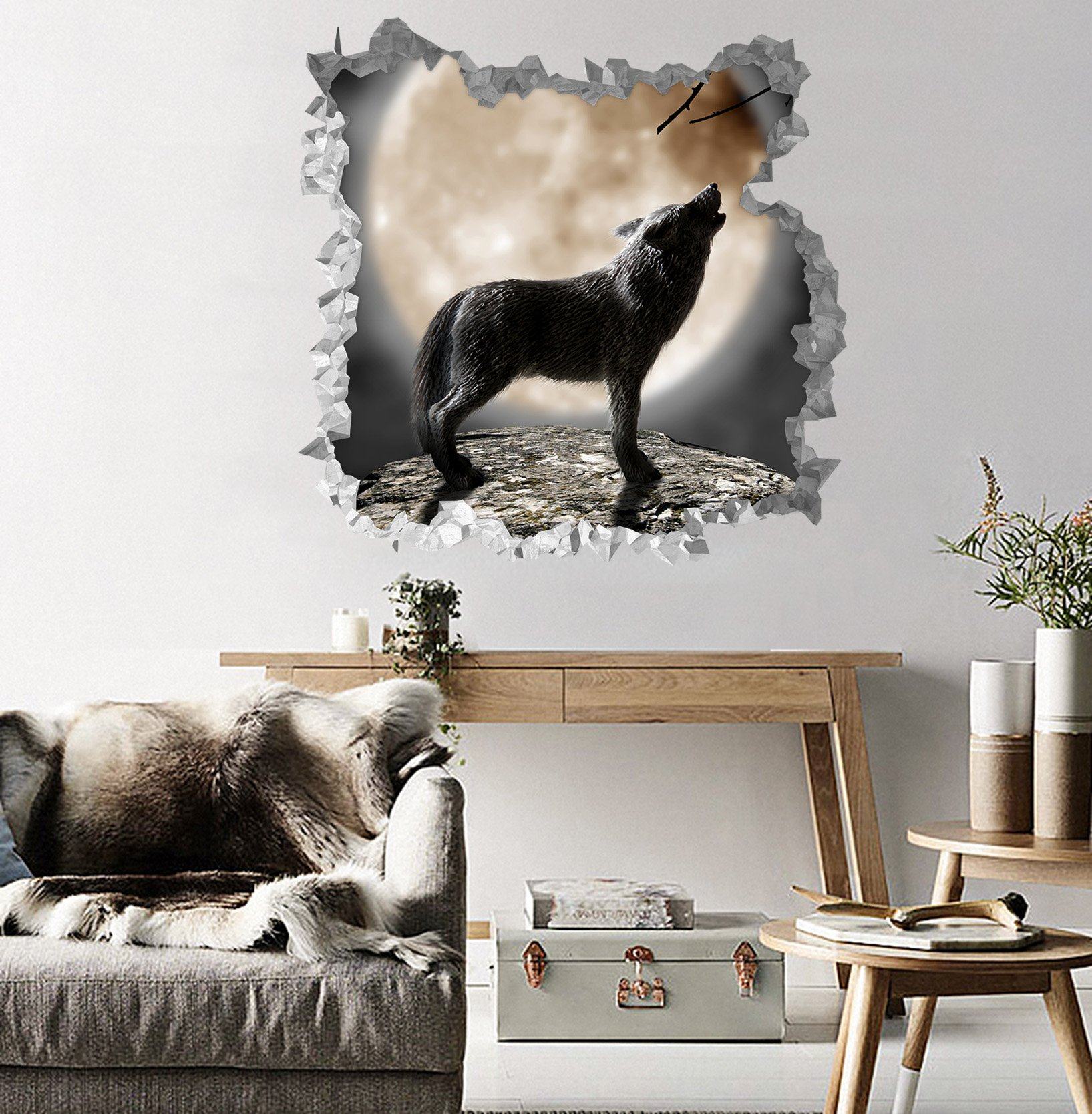 3D Full Moon Night Howling Wolf 198 Broken Wall Murals Wallpaper AJ Wallpaper 