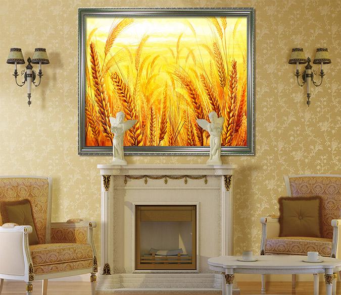 3D Golden Wheat Field 121 Fake Framed Print Painting Wallpaper AJ Creativity Home 