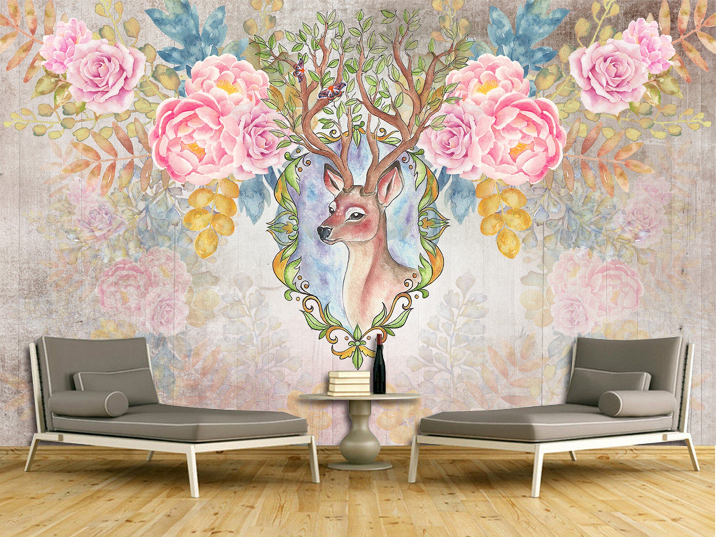 3D Deer Flower 163 Wall Murals Wallpaper AJ Wallpaper 2 