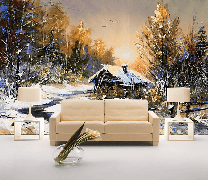 3D Oil painting Snow Cabin 1209 Wallpaper AJ Wallpaper 2 