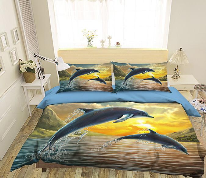 3D Dolphin Sunset 037 Bed Pillowcases Quilt Wallpaper AJ Wallpaper 