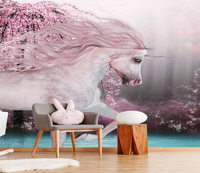 3D Plum Blossom White Horse 031 Wallpaper AJ Wallpaper 