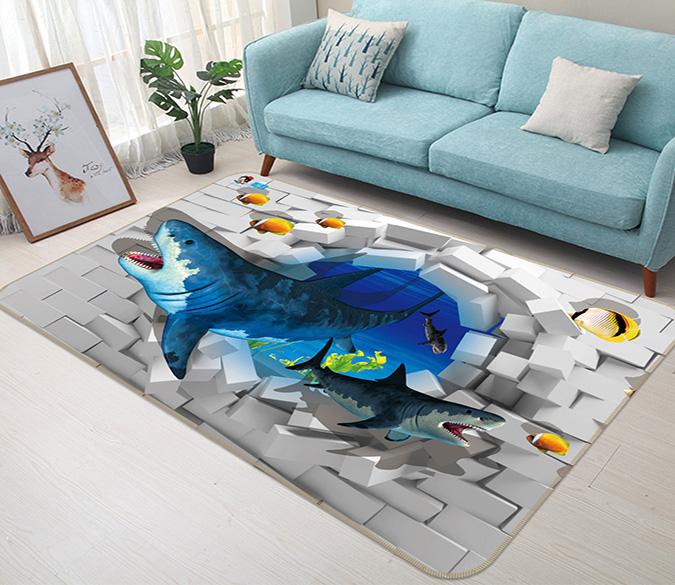 3D Shark Brick Wall 363 Non Slip Rug Mat Mat AJ Creativity Home 