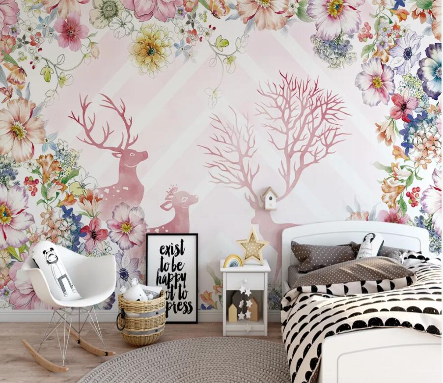 3D Pink Deer Flower WC2744 Wall Murals