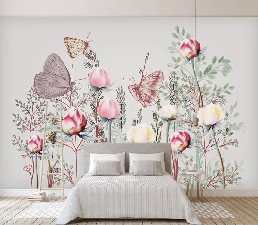 3D Pink Butterfly Flower WC2507 Wall Murals