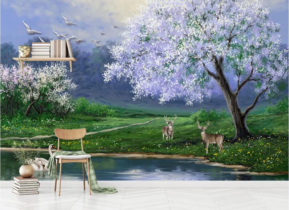 3D Lake Swan Deer WC736 Wall Murals