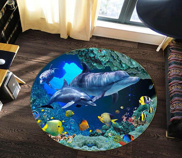 3D Bubble Dolphin 044 Round Non Slip Rug Mat Mat AJ Creativity Home 