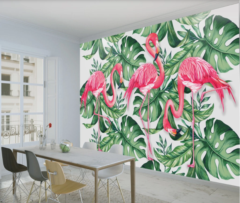 3D Flamingo Leaves WC1128 Wall Murals