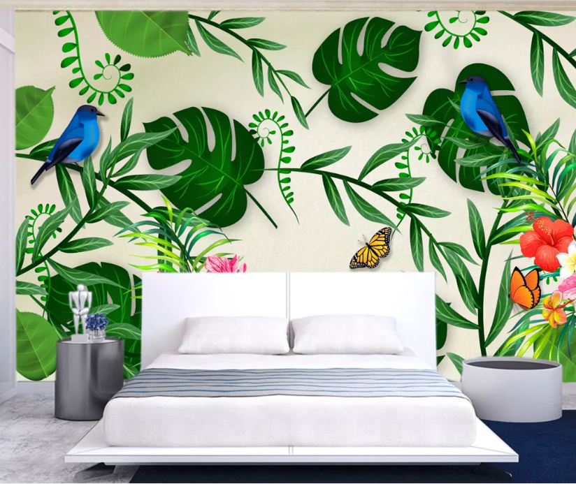 3D Blue Bird Leaf WC818 Wall Murals