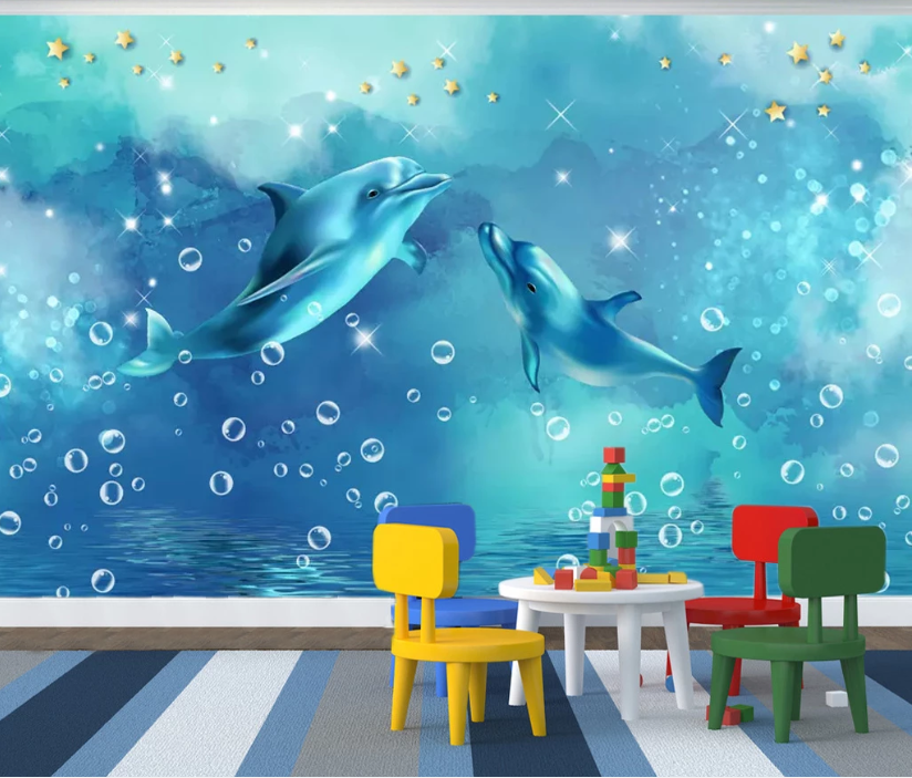 3D Dolphin Bubble WC732 Wall Murals