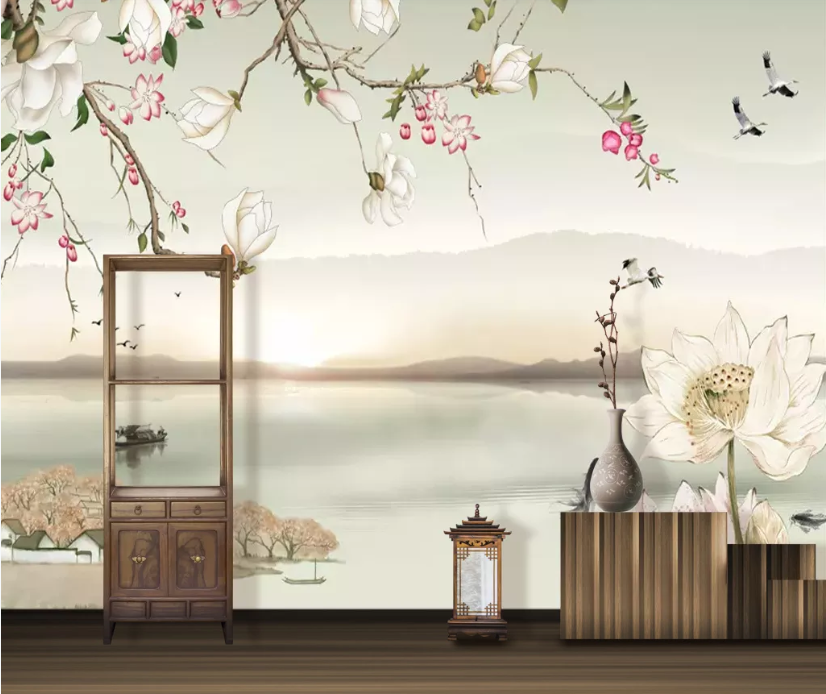 3D Lotus Lake WC718 Wall Murals