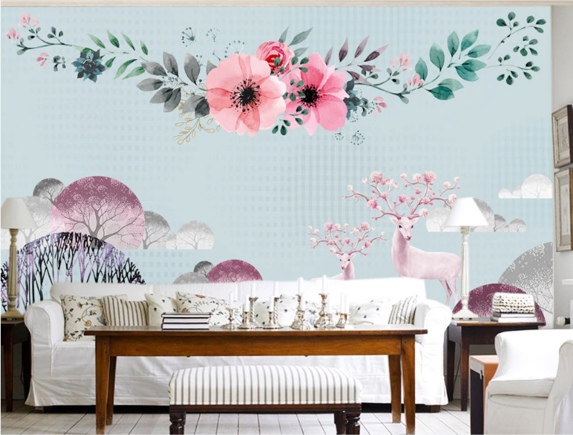 3D Pink Deer Flower WC304 Wall Murals