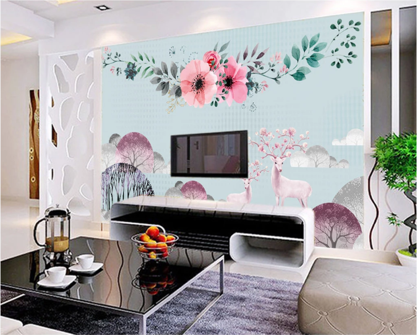 3D Pink Deer Flower WC304 Wall Murals