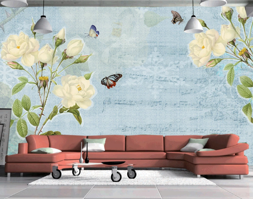 3D White Flower Butterfly WC108 Wall Murals