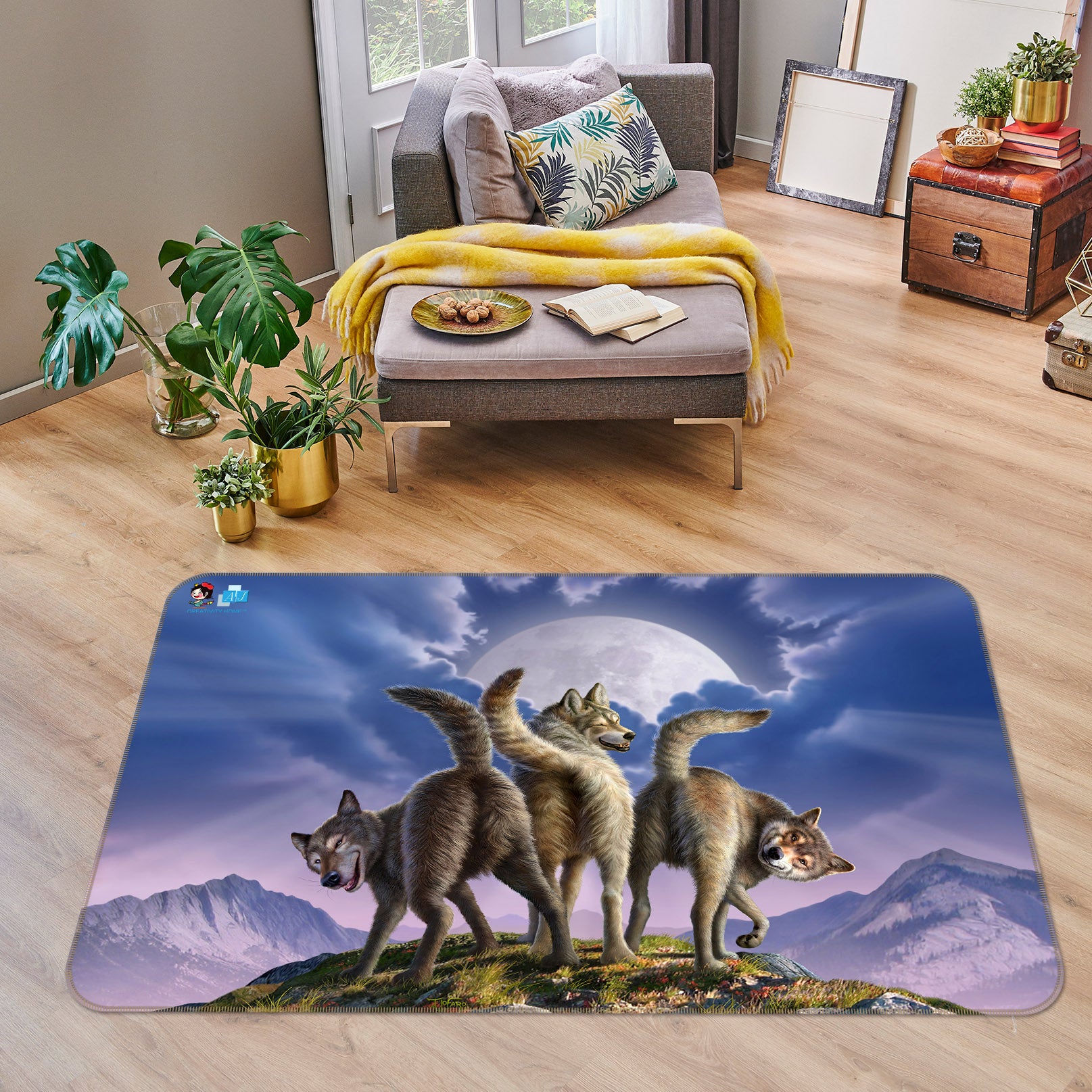 3D Wolf Moon 85063 Jerry LoFaro Rug Non Slip Rug Mat