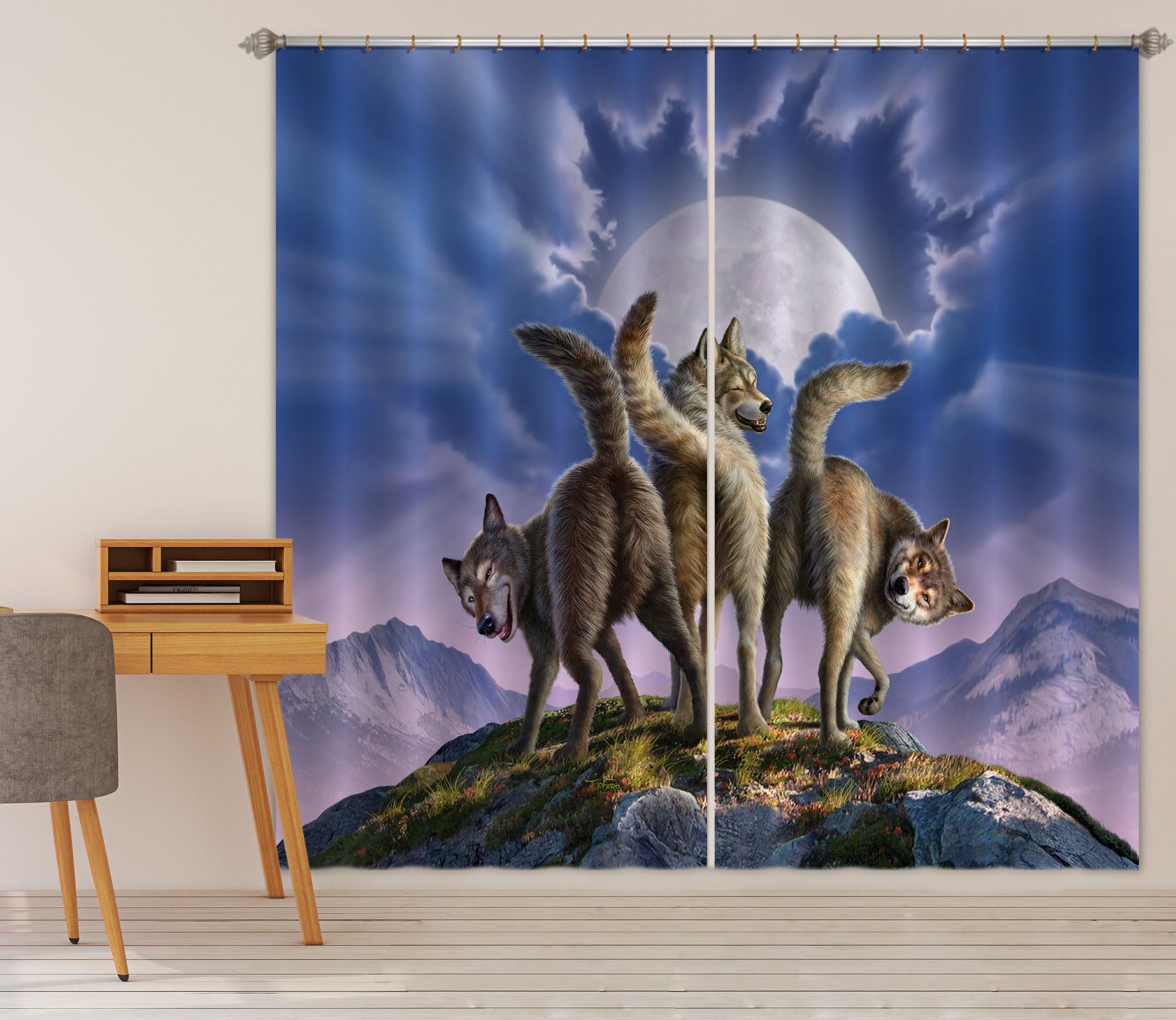 3D Wolf Moon 86069 Jerry LoFaro Curtain Curtains Drapes