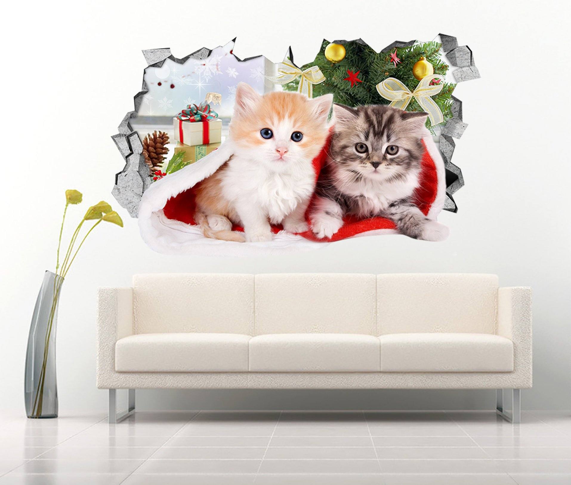 3D Christmas Cats 151 Broken Wall Murals Wallpaper AJ Wallpaper 