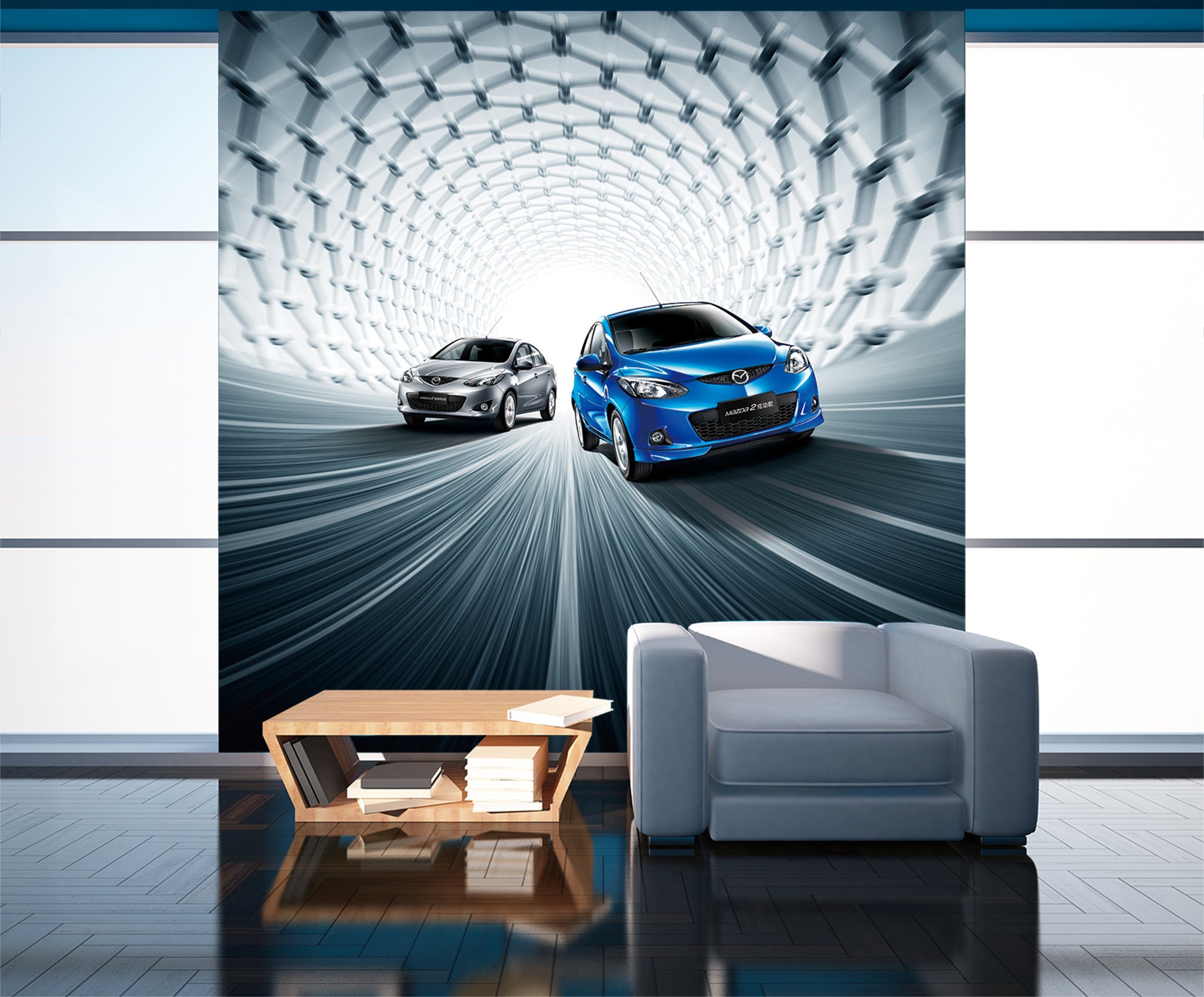 3D Tunnel Blue Car 070 Vehicle Wall Murals