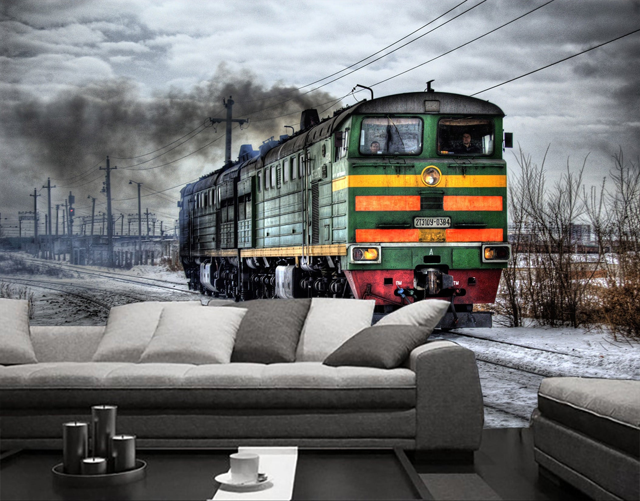 3D Green Train Snow 041 Vehicle Wall Murals