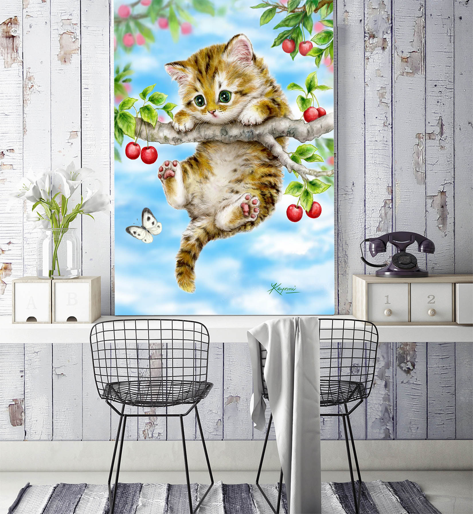 3D Cherry Cat Butterfly 5556 Kayomi Harai Wall Mural Wall Murals