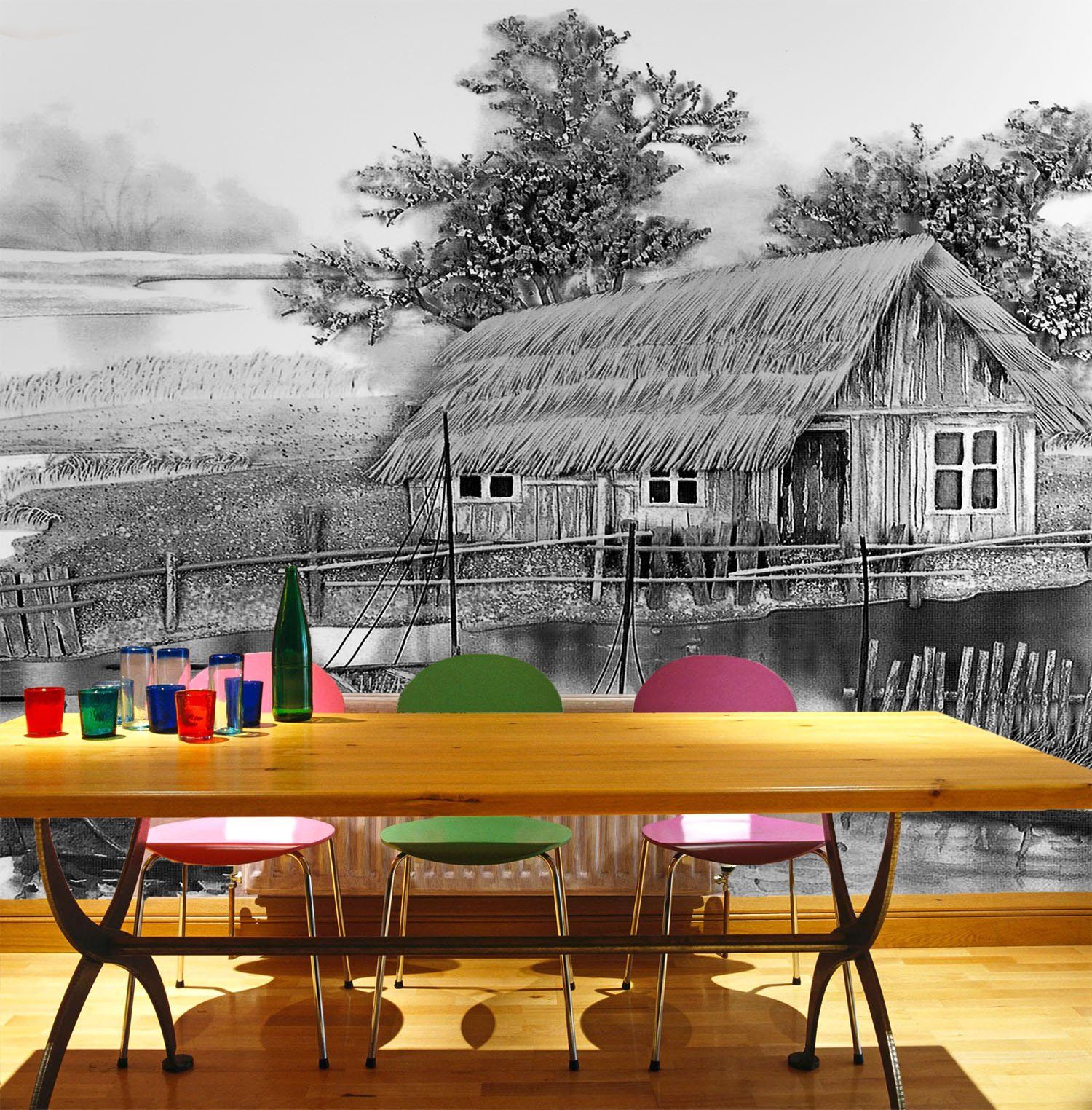 Riverside Thatched Hut Wallpaper AJ Wallpaper 