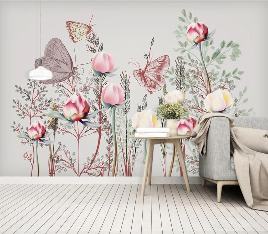 3D Pink Butterfly Flower WC2507 Wall Murals