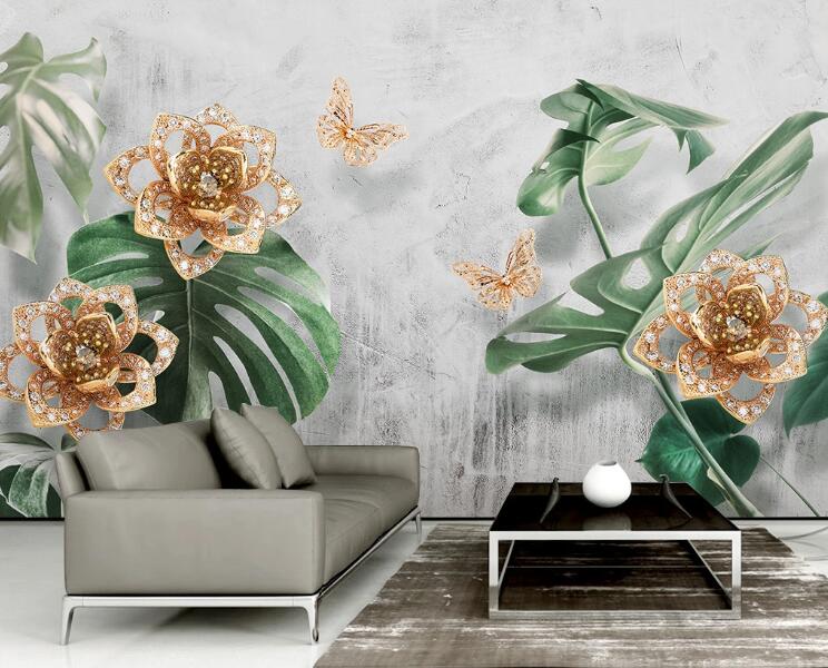 3D Golden Flowers 1295 Wall Murals Wallpaper AJ Wallpaper 2 