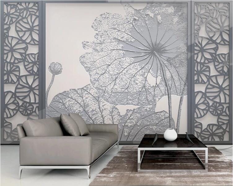 3D Grey Lotus Leaf WC220 Wall Murals Wallpaper AJ Wallpaper 2 