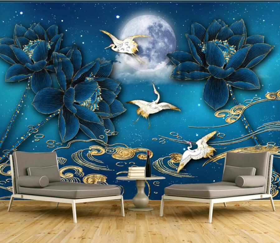 3D Moon Lotus Crane WC2554 Wall Murals