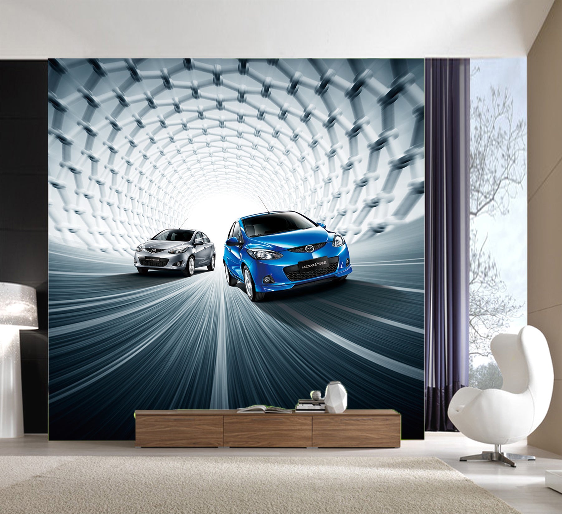 3D Tunnel Blue Car 070 Vehicle Wall Murals