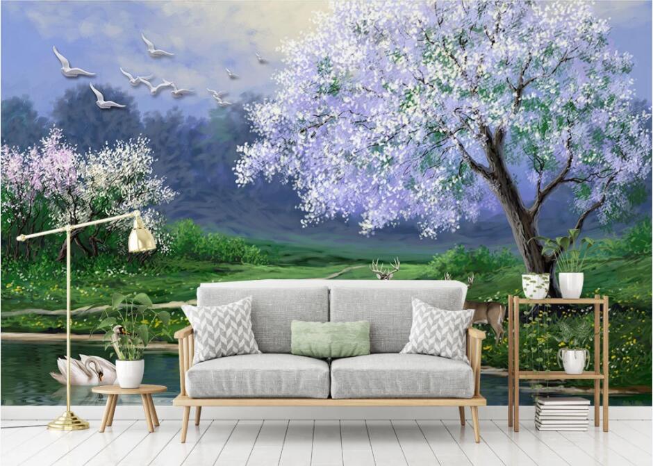 3D Lake Swan Deer WC736 Wall Murals