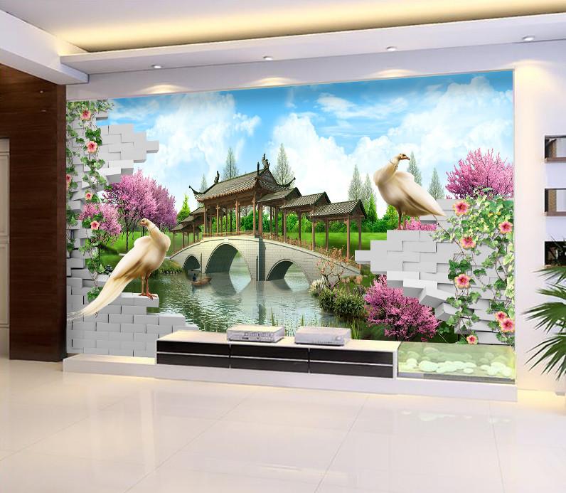 3D Pavilion Bridge And Swan 7 Wallpaper AJ Wallpaper 