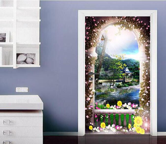 3D building sea flowe arch door mural Wallpaper AJ Wallpaper 