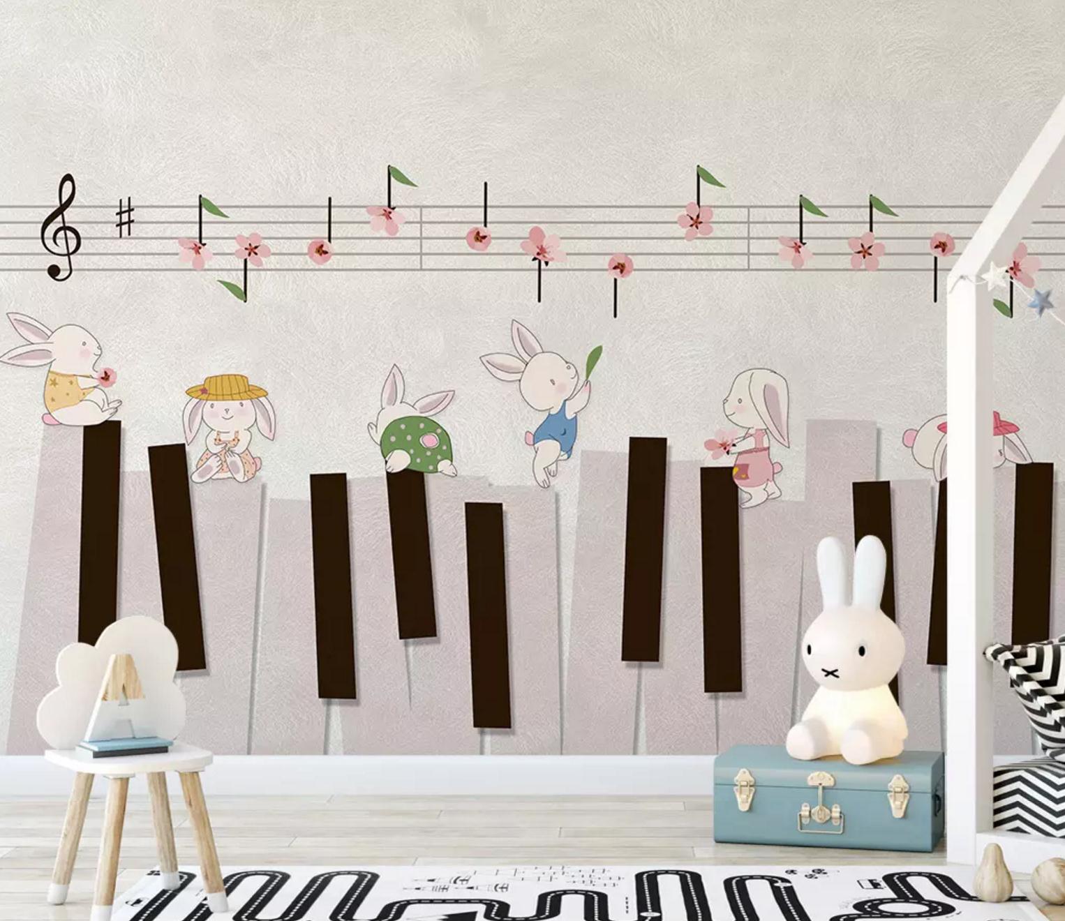 3D White Rabbit Piano WC742 Wall Murals