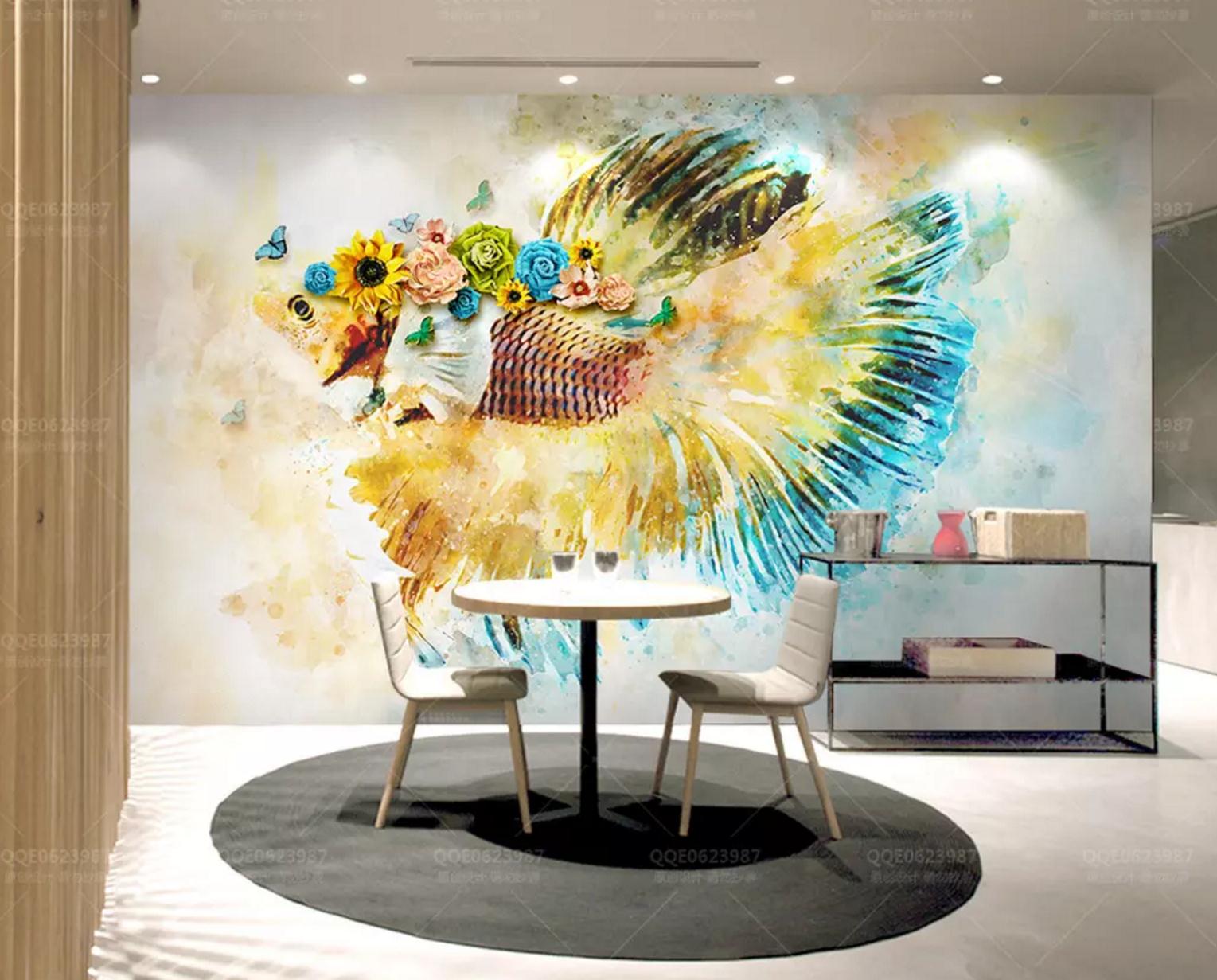 3D Goldfish Sunflower WC696 Wall Murals