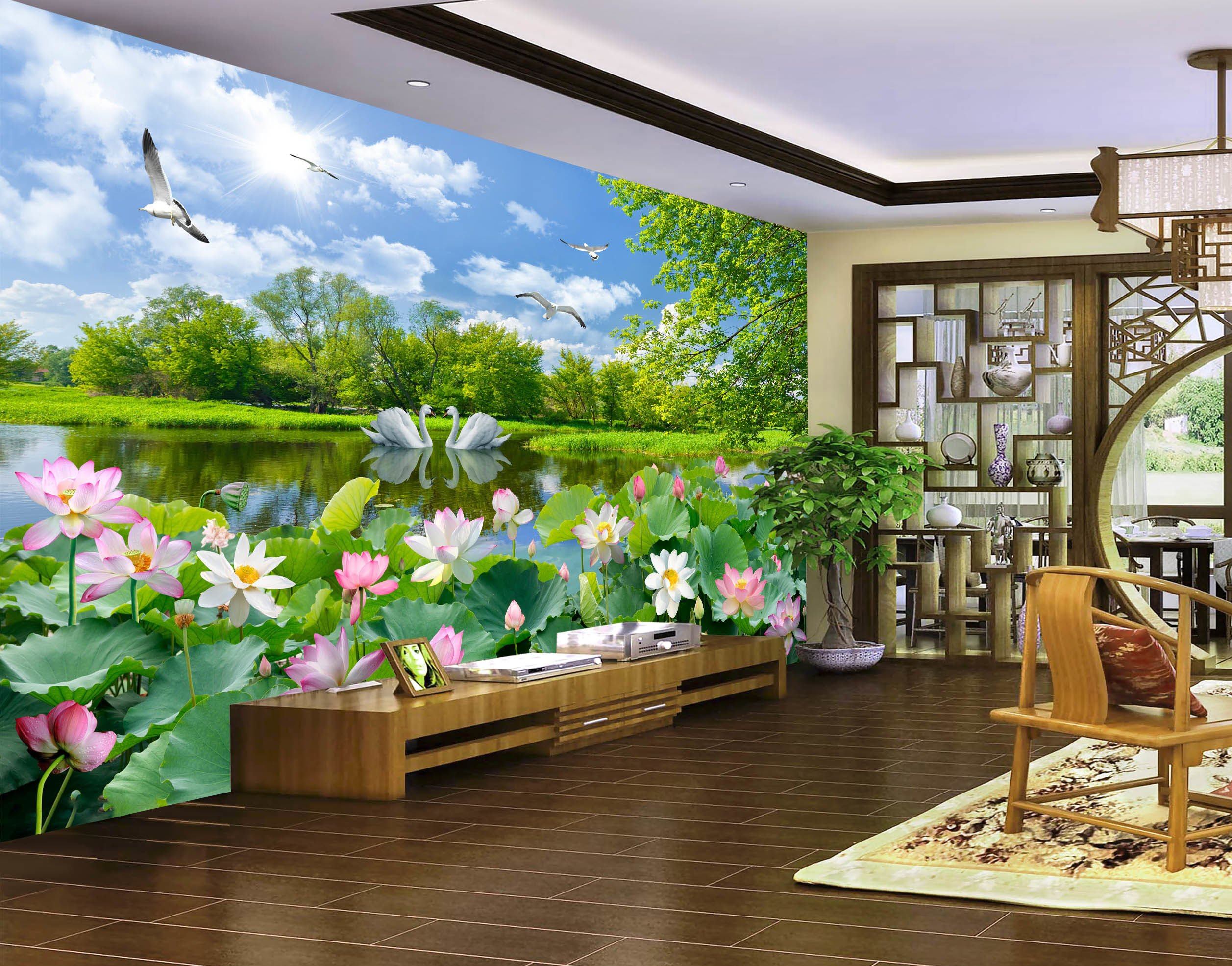 3D Lotus Pond Swan 290 Wallpaper AJ Wallpaper 