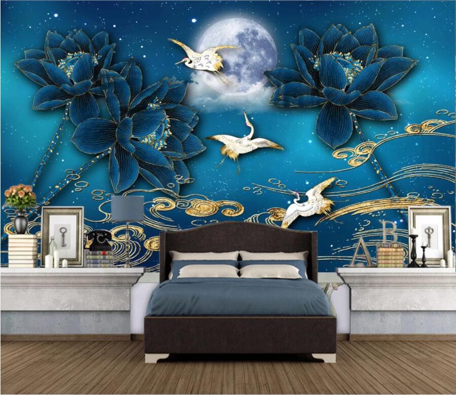 3D Moon Lotus Crane WC2554 Wall Murals