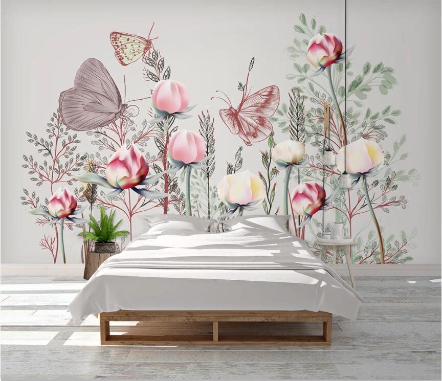 3D Pink Butterfly Flower WC2507 Wall Murals