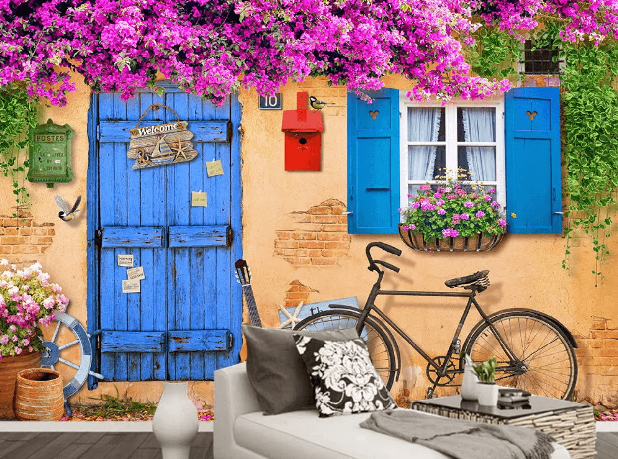 3D Wooden Door Flower Bicycle 185 Wallpaper AJ Wallpaper 2 